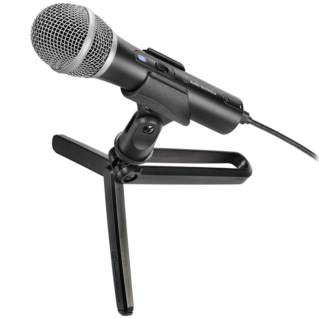 Audio Technica ATR2100x-USB USB microphone with black body and built-in controls, ideal for podcasting and home recording.