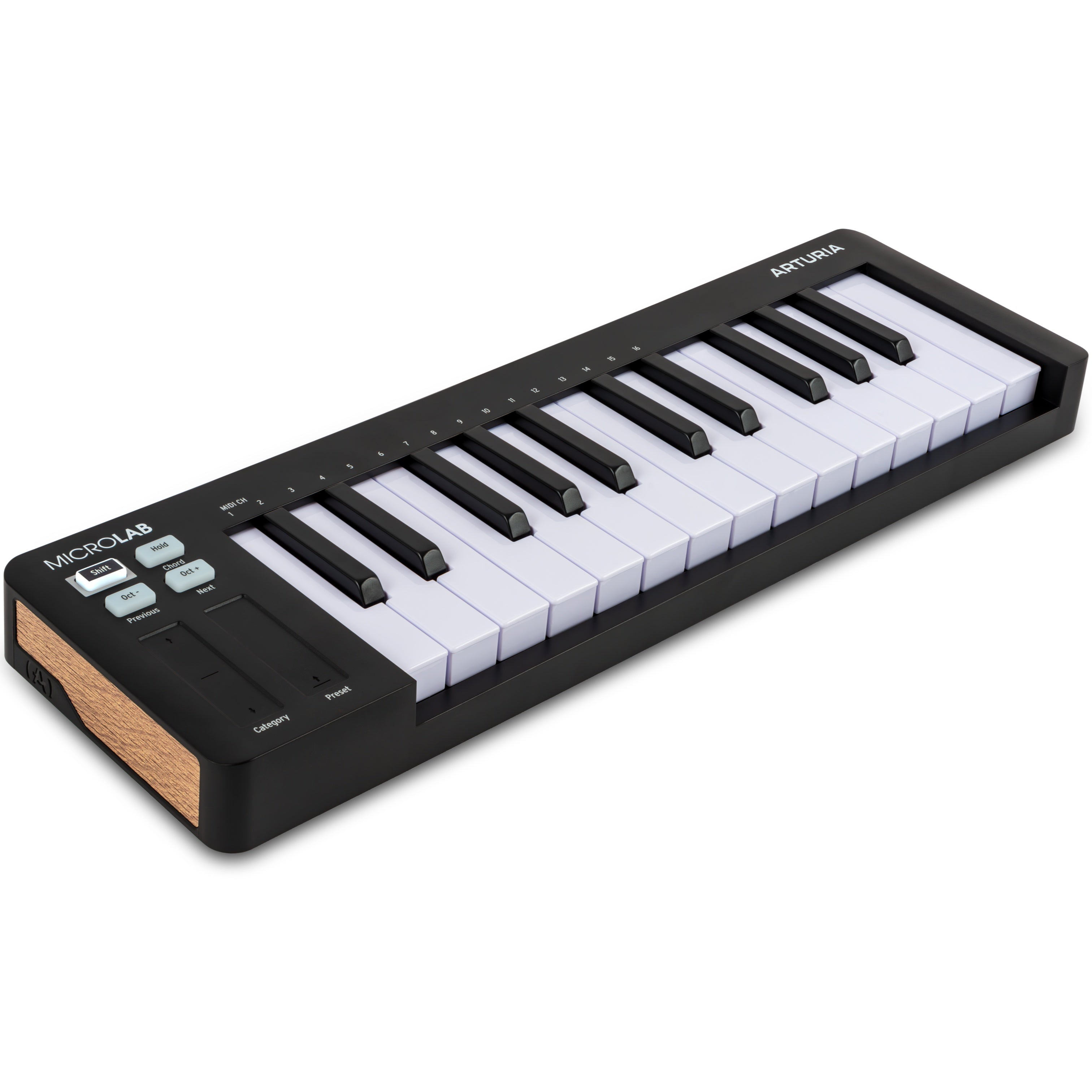 Black Arturia MicroLab MK3 MIDI keyboard with compact design and 25 keys, showing control knobs and connectivity ports.