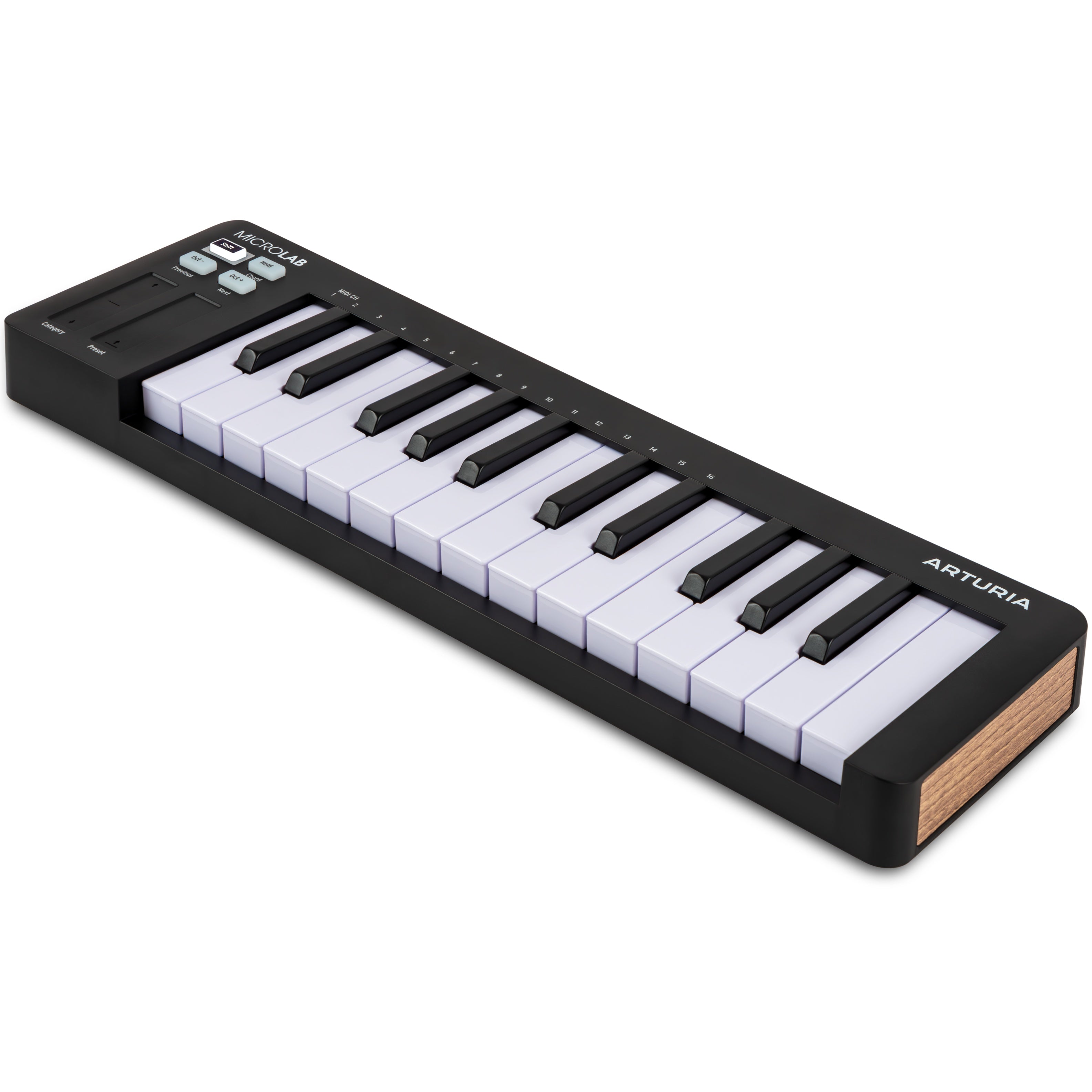 Black Arturia MicroLab MK3 MIDI keyboard with compact design and 25 keys, ideal for music production and portable setup.