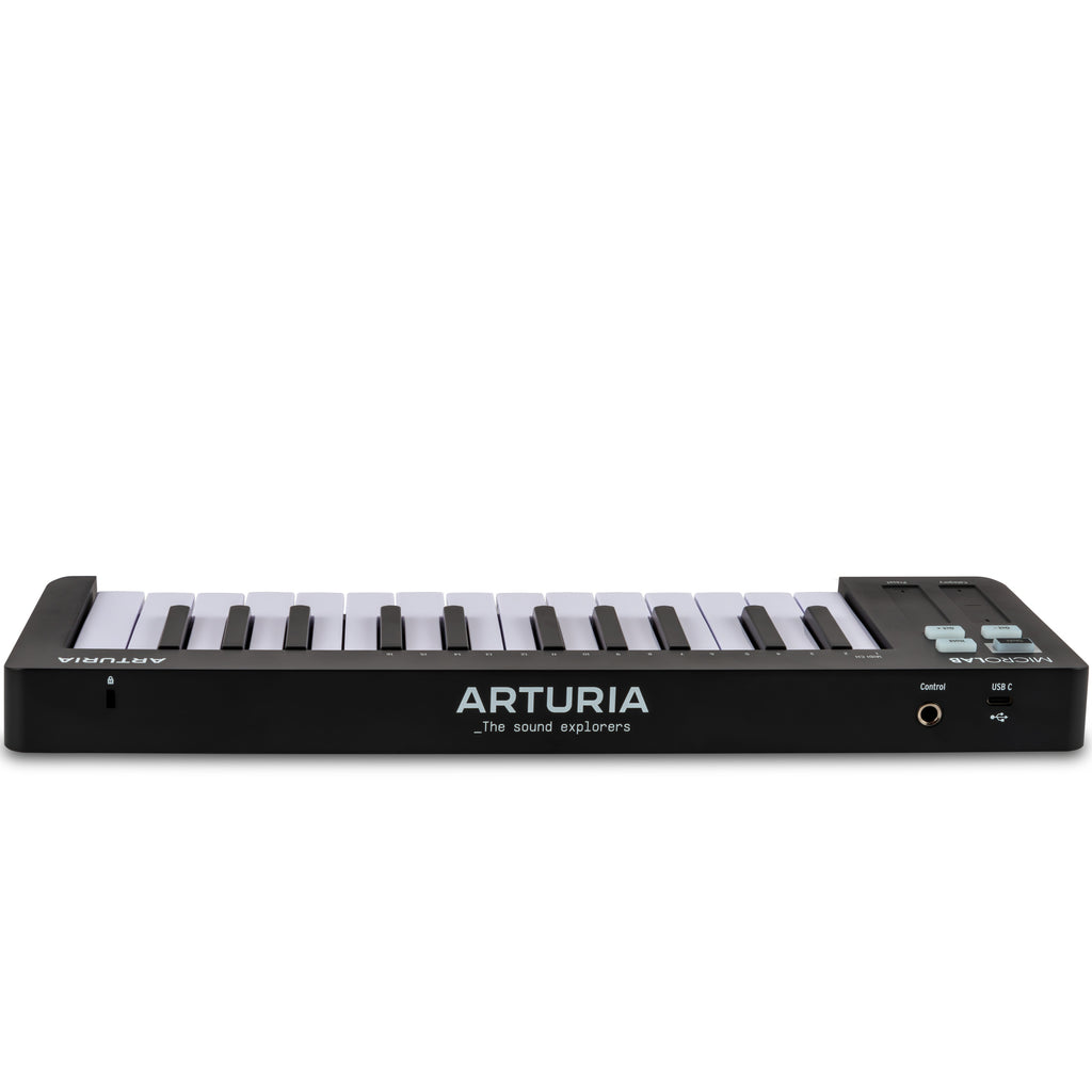 Black Arturia MicroLab MK3 MIDI keyboard with compact design and control knobs, shown from the back angle.