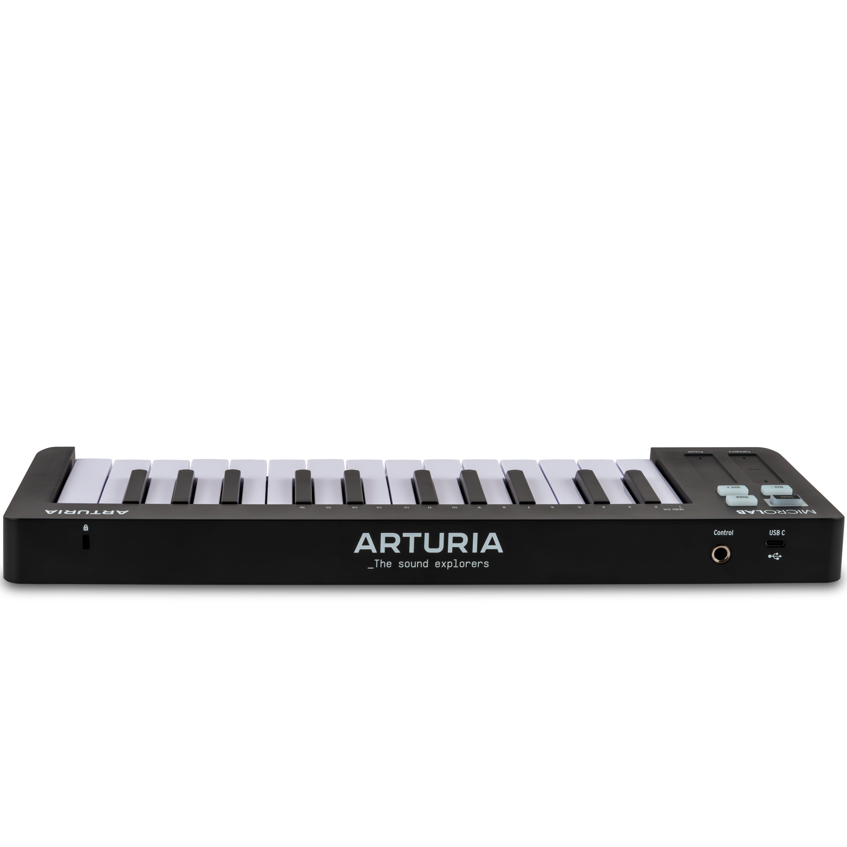 Black Arturia MicroLab MK3 MIDI keyboard with compact design and control knobs, shown from the back angle.