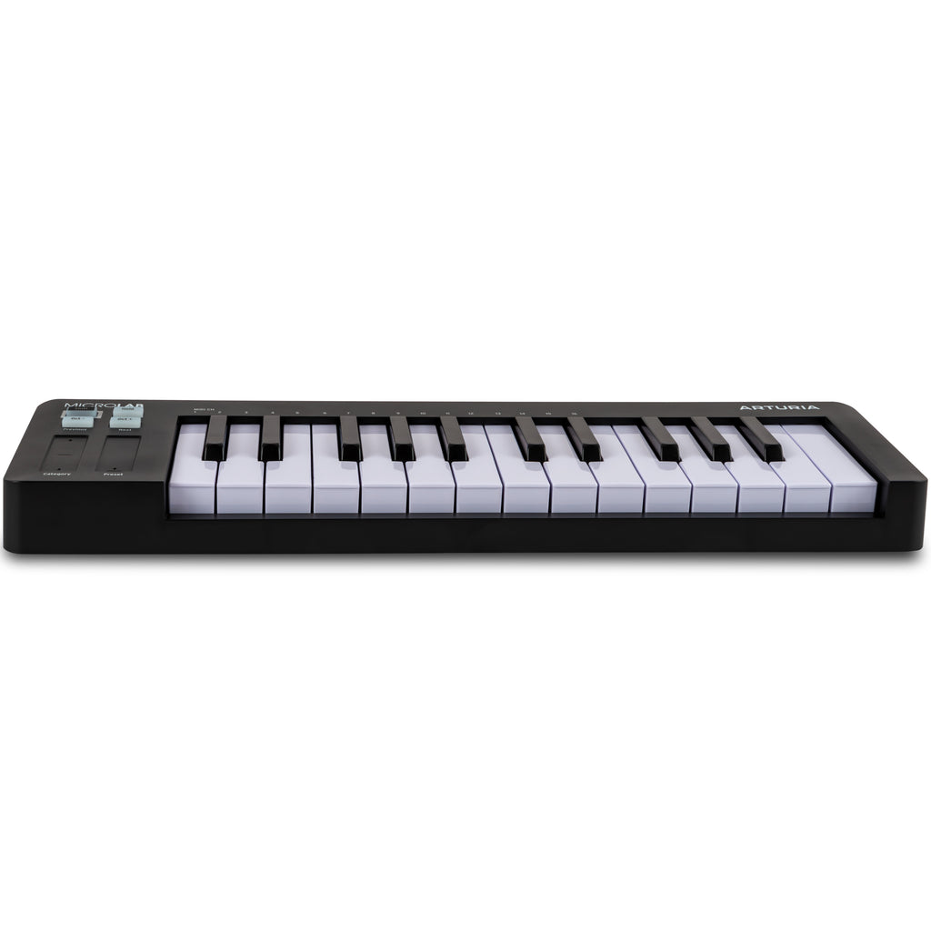 Black Arturia MicroLab MK3 MIDI keyboard with compact design and control knobs, front view showing keys and interface.