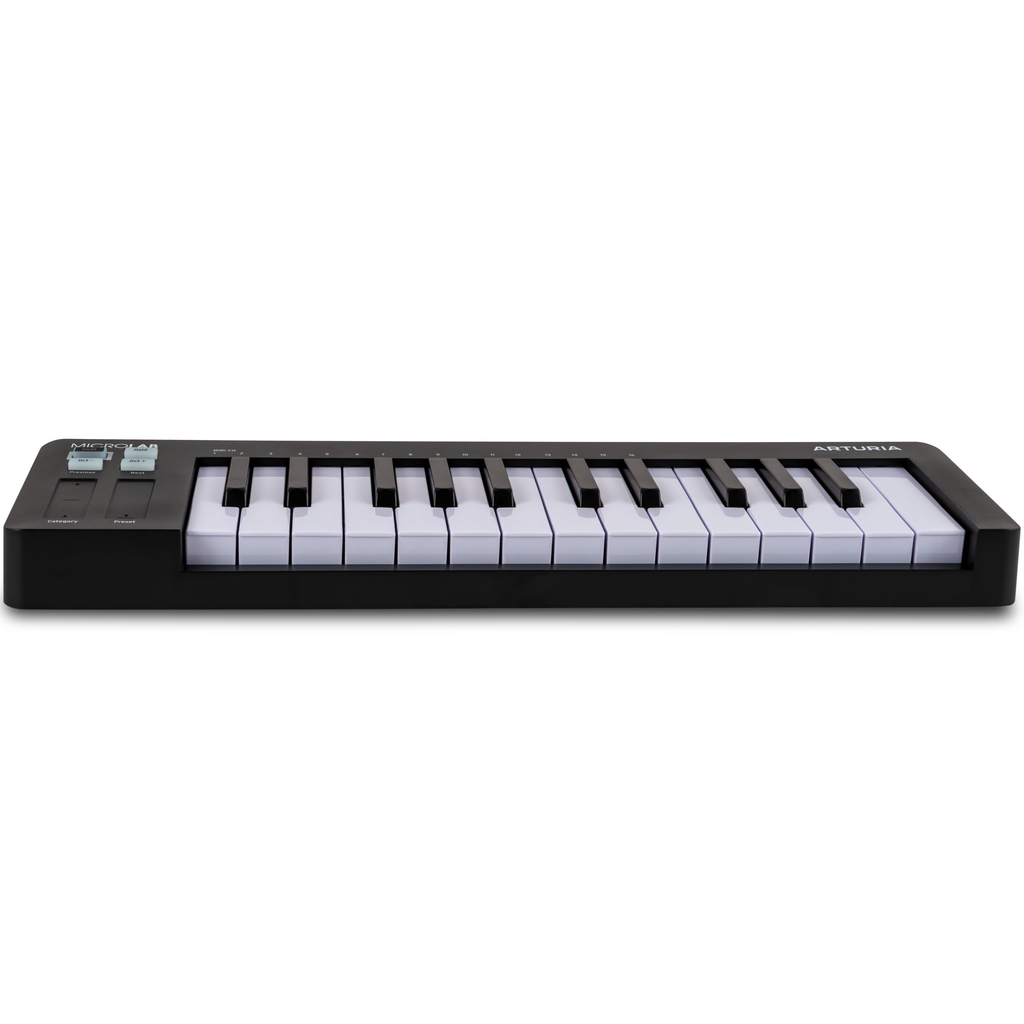 Black Arturia MicroLab MK3 MIDI keyboard with compact design and control knobs, front view showing keys and interface.
