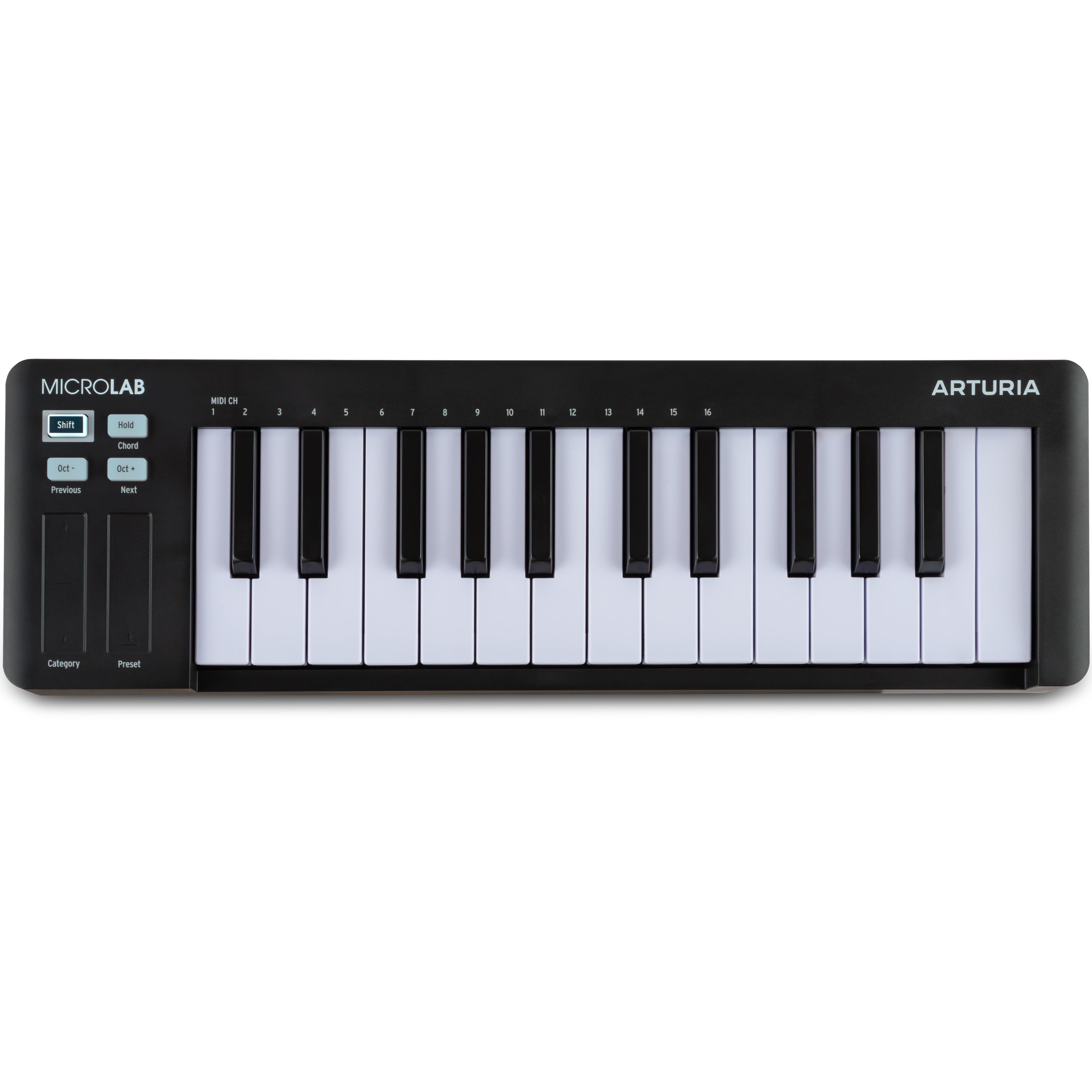 Black Arturia MicroLab MK3 MIDI keyboard with compact design and integrated controls, ideal for music production and on-the-go use.