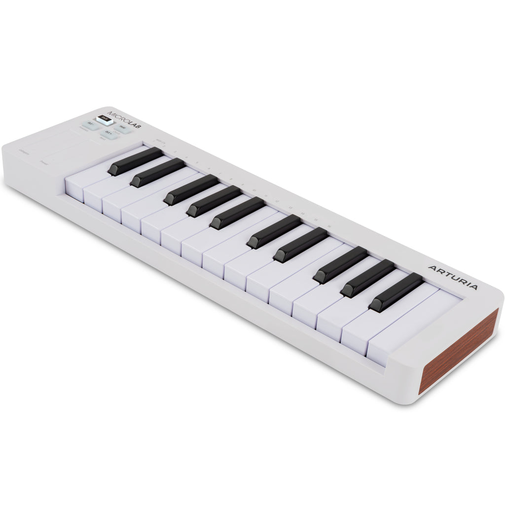 White Arturia MicroLab MK3 MIDI keyboard with compact design and 25 keys, featuring control knobs and connectivity ports.