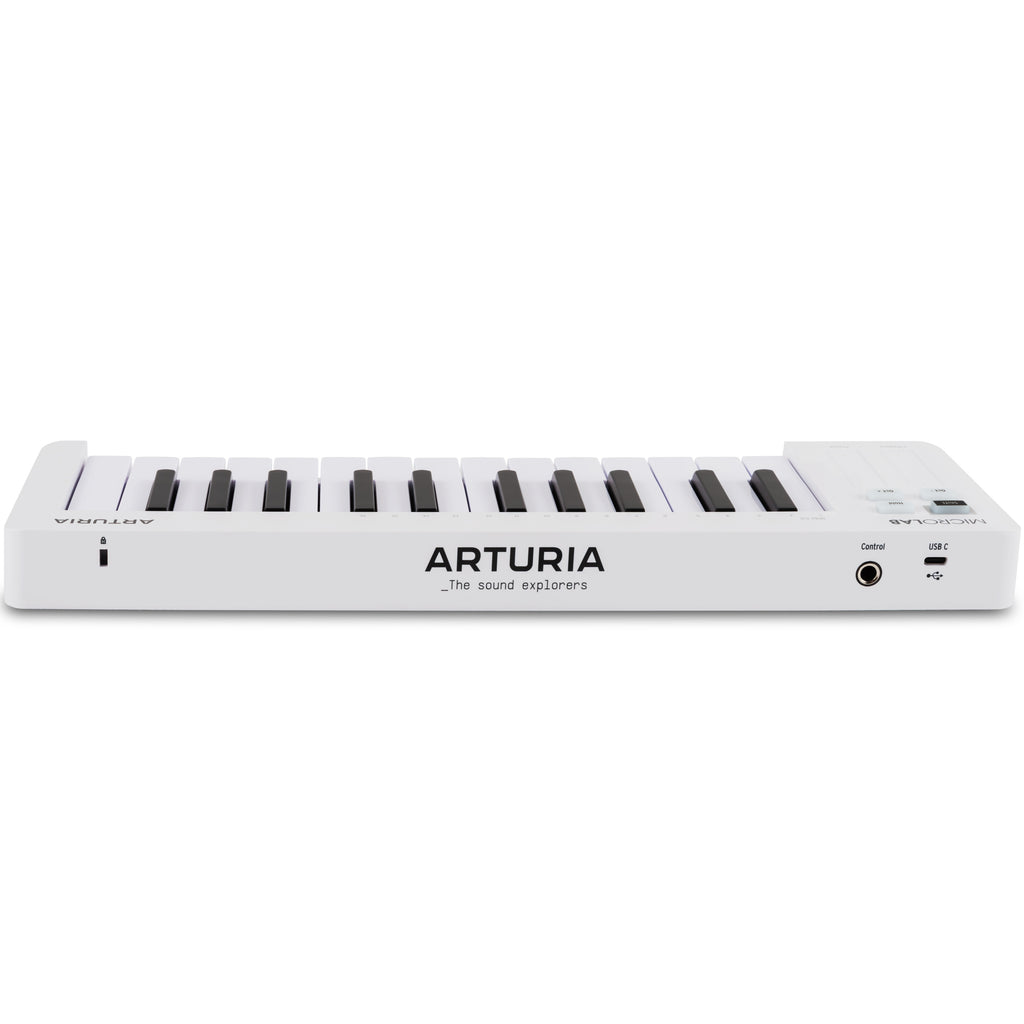 White Arturia MicroLab MK3 MIDI keyboard with compact design, showing the keys and controls from the back view.