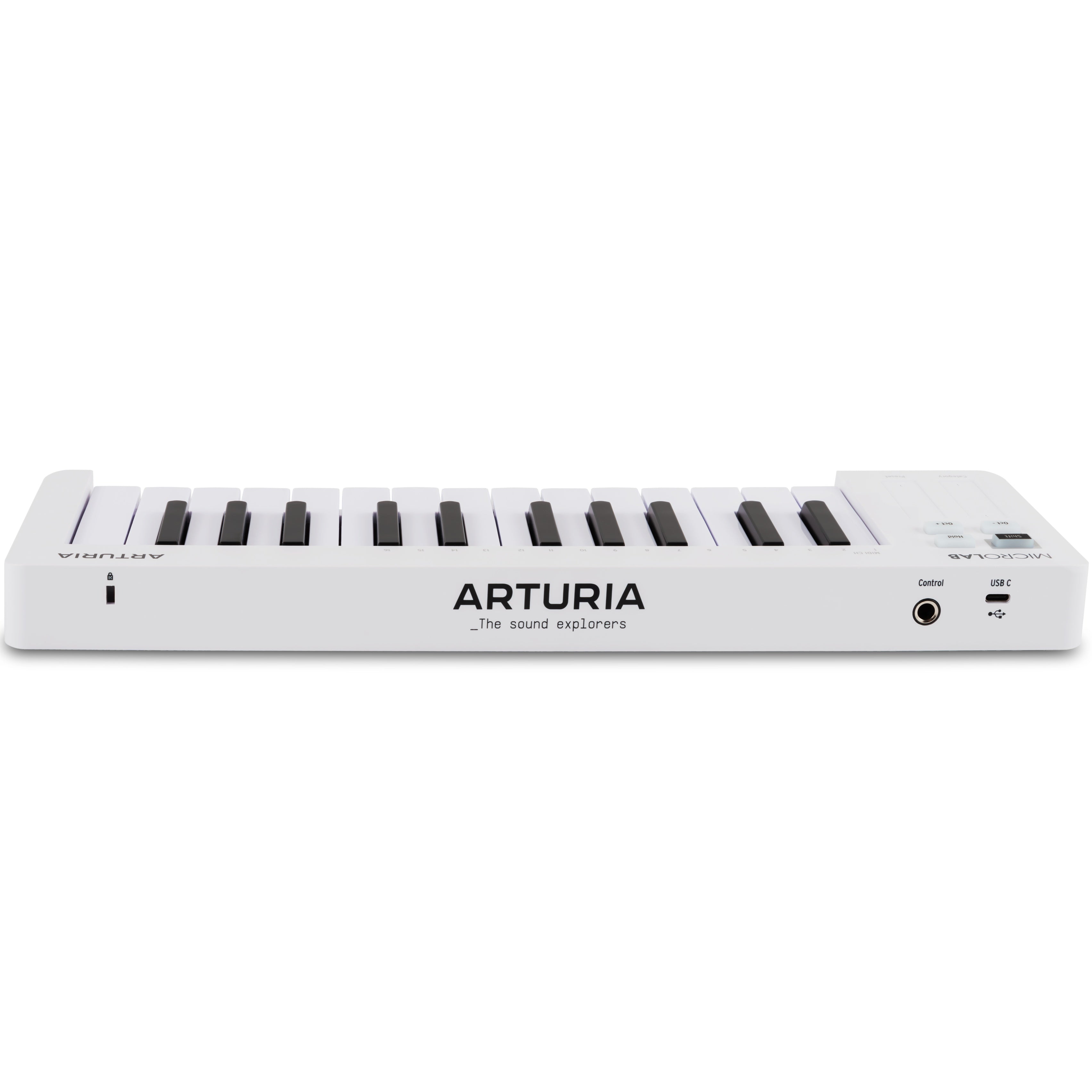 White Arturia MicroLab MK3 MIDI keyboard with compact design, showing the keys and controls from the back view.