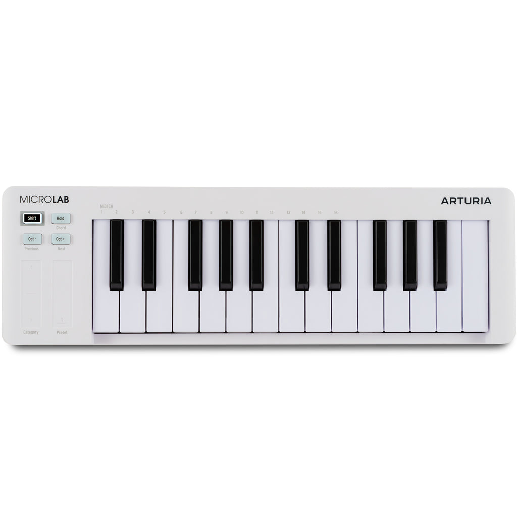 Arturia MicroLab MK3 MIDI keyboard in white with compact design and control knobs, ideal for music production and digital composition.
