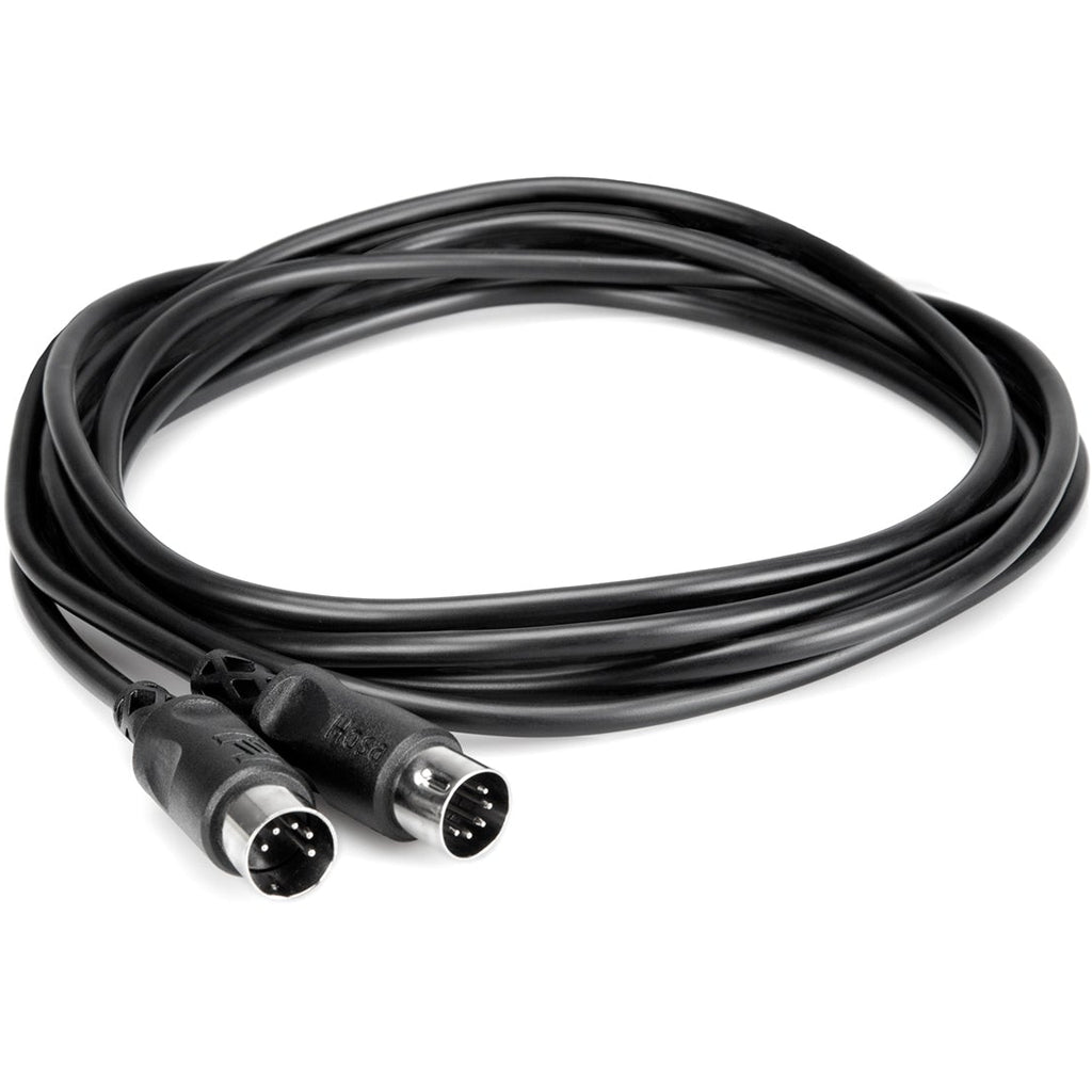 Coiled Hosa MID-310BK 3m MIDI cable with black connectors, showing detailed connectors and flexible cable for musical instrument connections.
