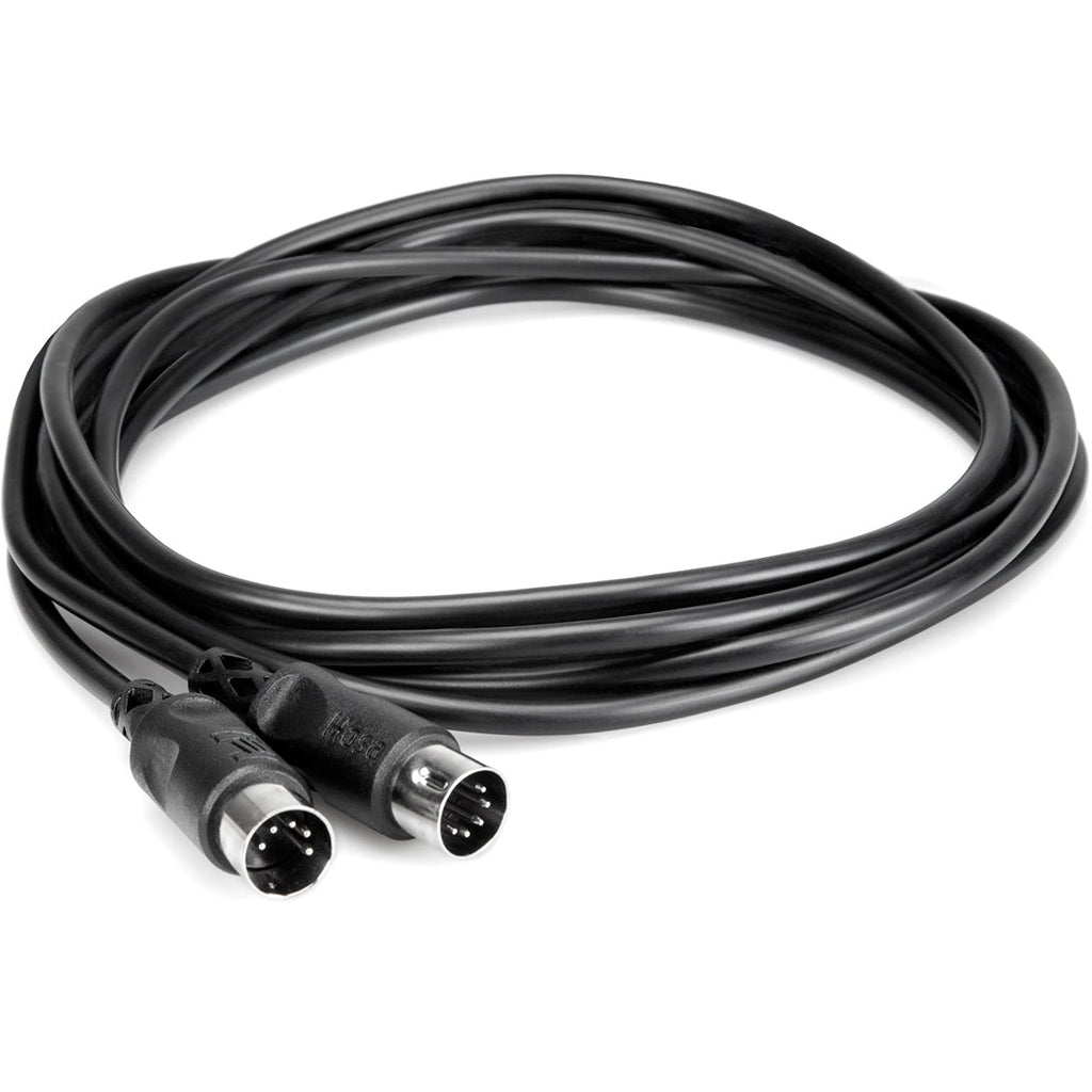 Hosa MID-301BK 0.3m MIDI cable coiled, black with connectors visible, designed for connecting musical instruments and audio equipment.