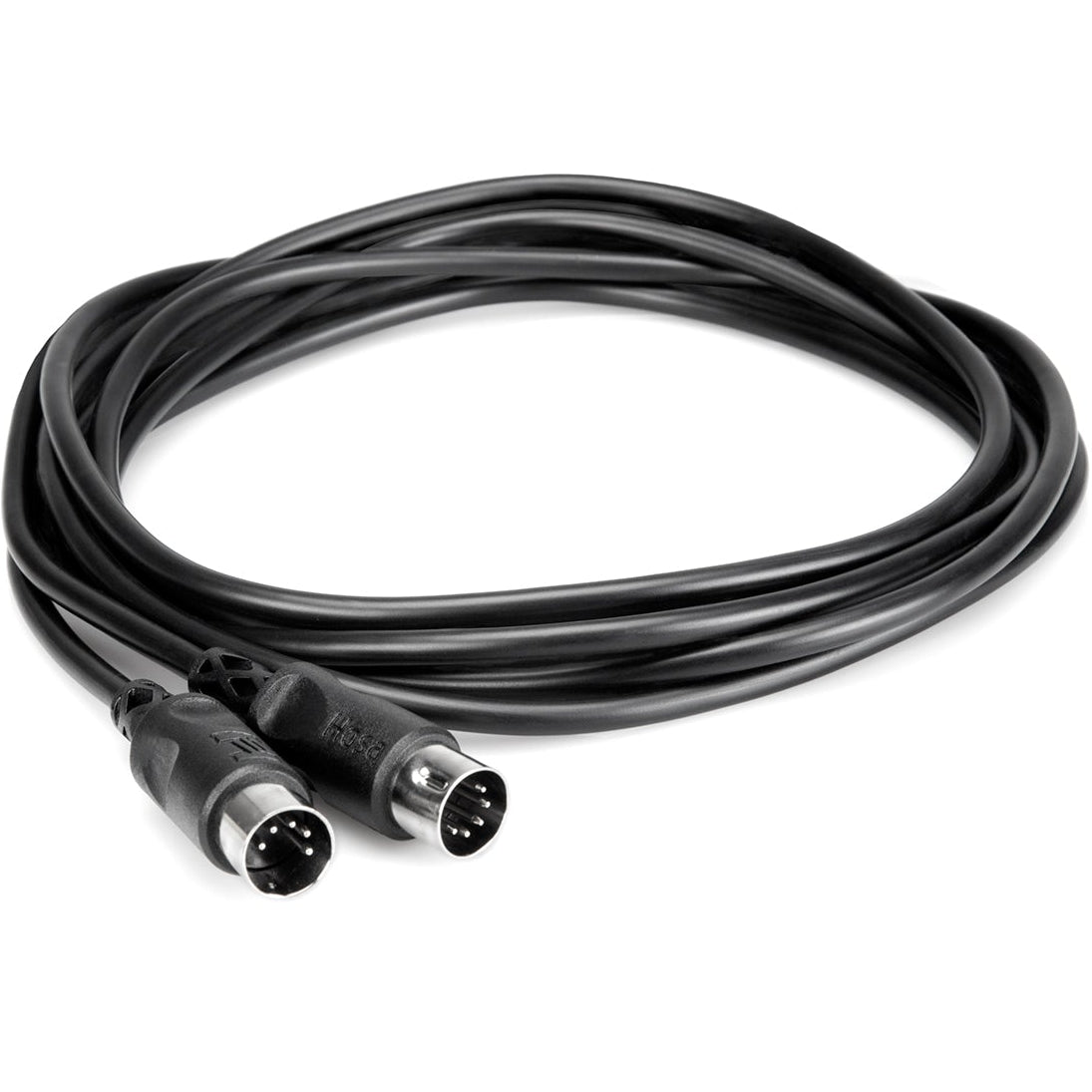 Hosa MID-301BK 0.3m MIDI cable coiled, black with connectors visible, designed for connecting musical instruments and audio equipment.