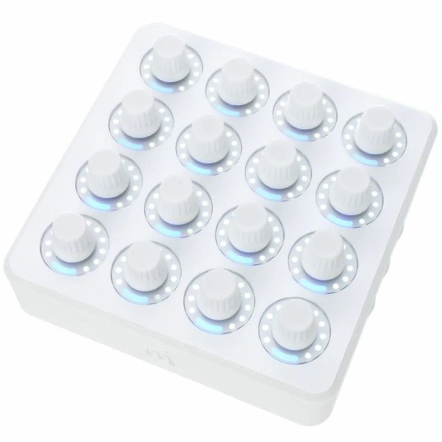 DJ TechTools MIDI Fighter Twister MIDI controller with white knobs and colorful buttons, angled view showing its compact design.