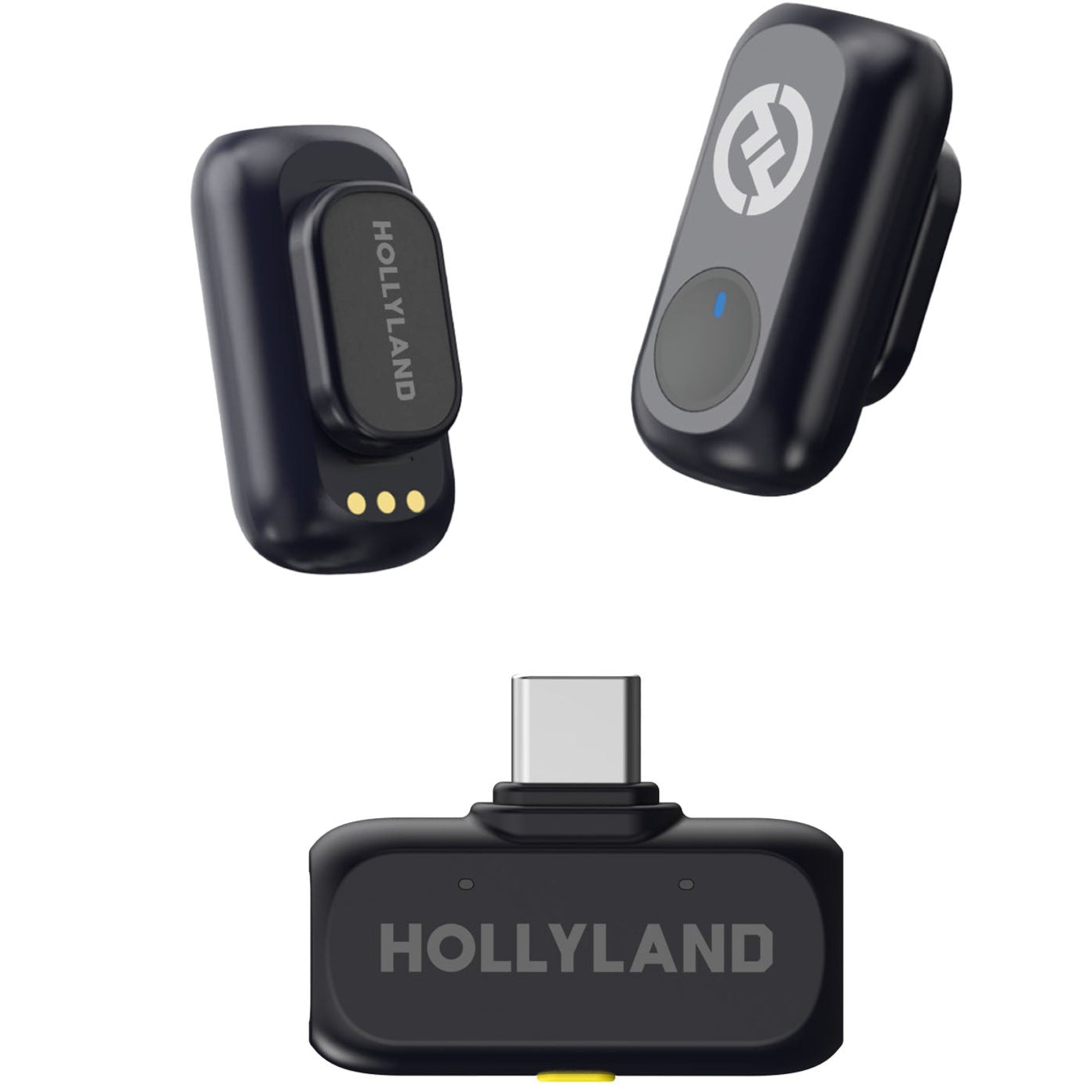 Hollyland Lark A1 Mini Duo wireless microphone system with USB-C receiver and transmitters for creators.