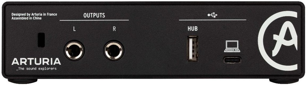 Black Arturia MiniFuse 1 audio interface shown from the back with input and output ports, compact design for music production.