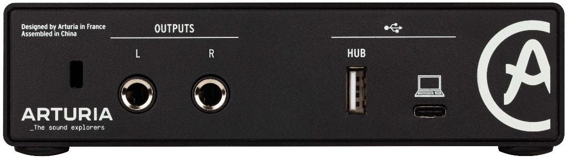 Black Arturia MiniFuse 1 audio interface shown from the back with input and output ports, compact design for music production.