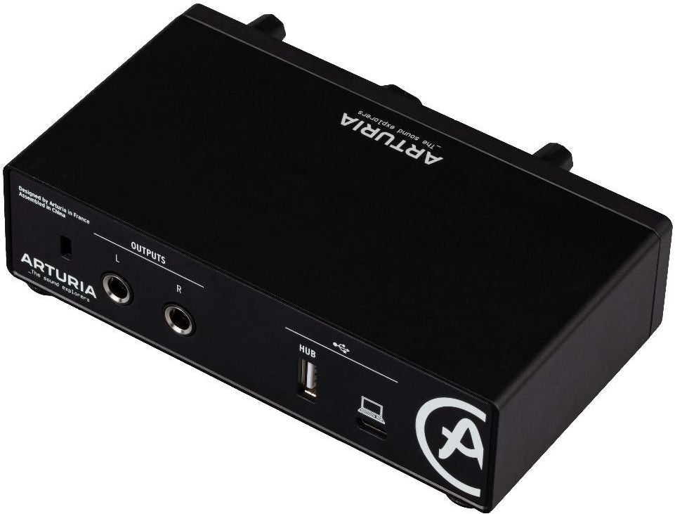 Black Arturia MiniFuse 1 audio interface with input and output ports, shown from the back. Compact and versatile for music production.