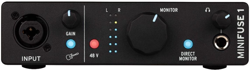 Black Arturia MiniFuse 1 audio interface with front input ports and control knobs, compact design for music production and recording.