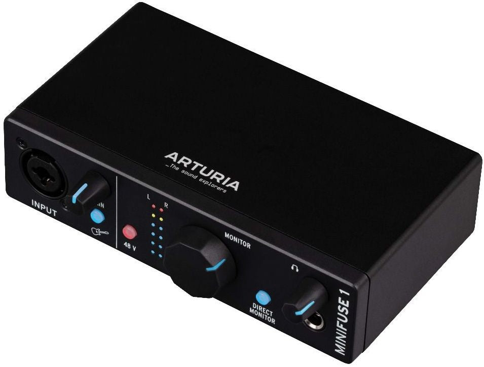 Black Arturia MiniFuse 1 audio interface showing front panel with input and control knobs. Compact, portable design for music production.