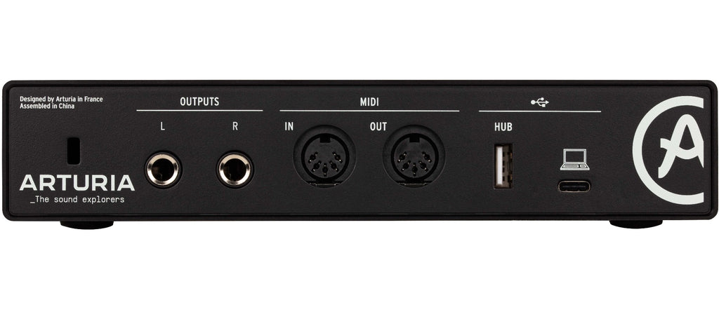Black Arturia MiniFuse 2 audio interface shown from the back, featuring input and output ports for professional music production.