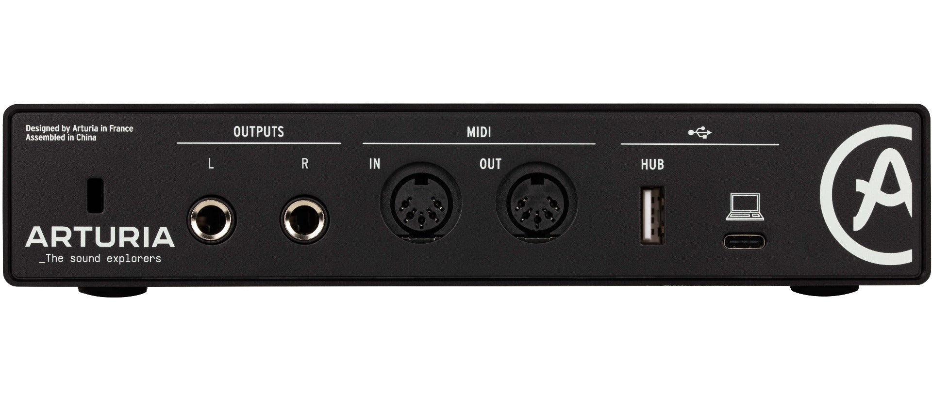 Black Arturia MiniFuse 2 audio interface shown from the back, featuring input and output ports for professional music production.