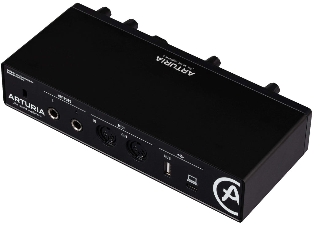 Black Arturia MiniFuse 2 audio interface showing back panel with input and output ports, compact design for music production.