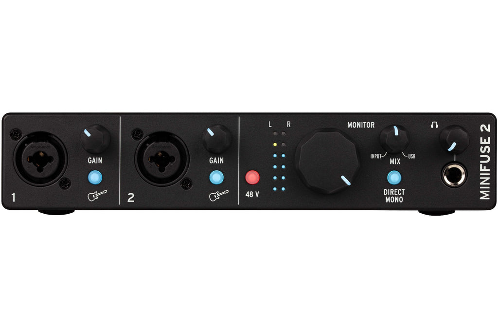 Arturia MiniFuse 2 black audio interface with front panel inputs and controls, compact design for music production and recording.