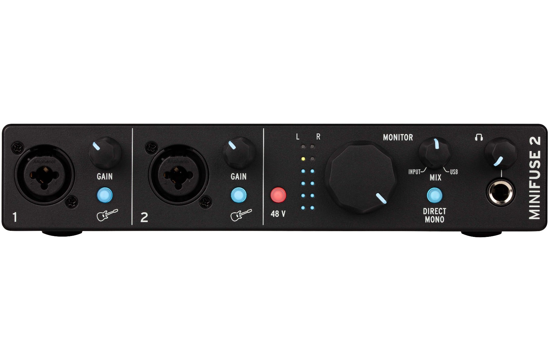 Arturia MiniFuse 2 black audio interface with front panel inputs and controls, compact design for music production and recording.