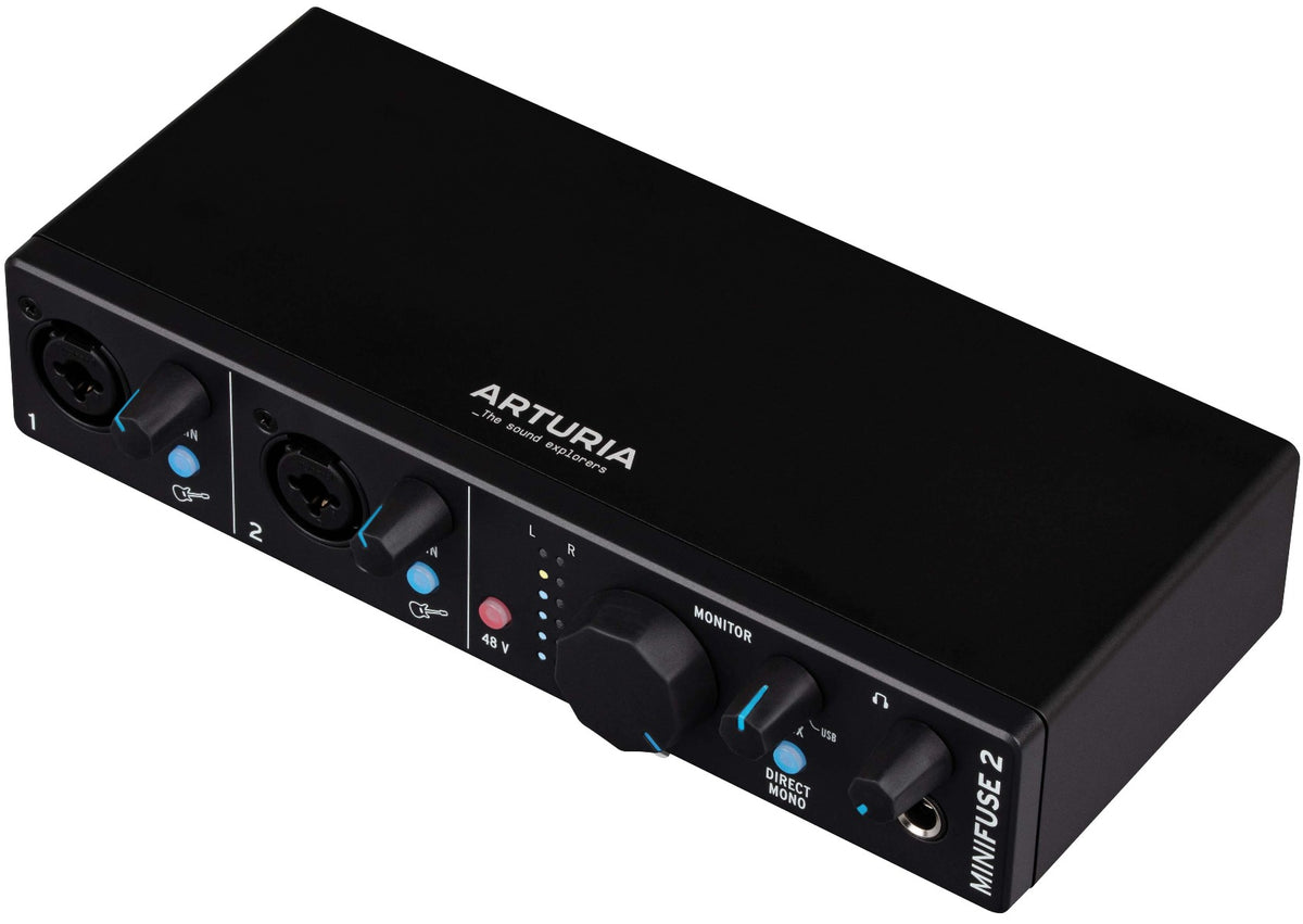 Black Arturia MiniFuse 2 audio interface with front input and output ports, compact design, and professional connectivity.