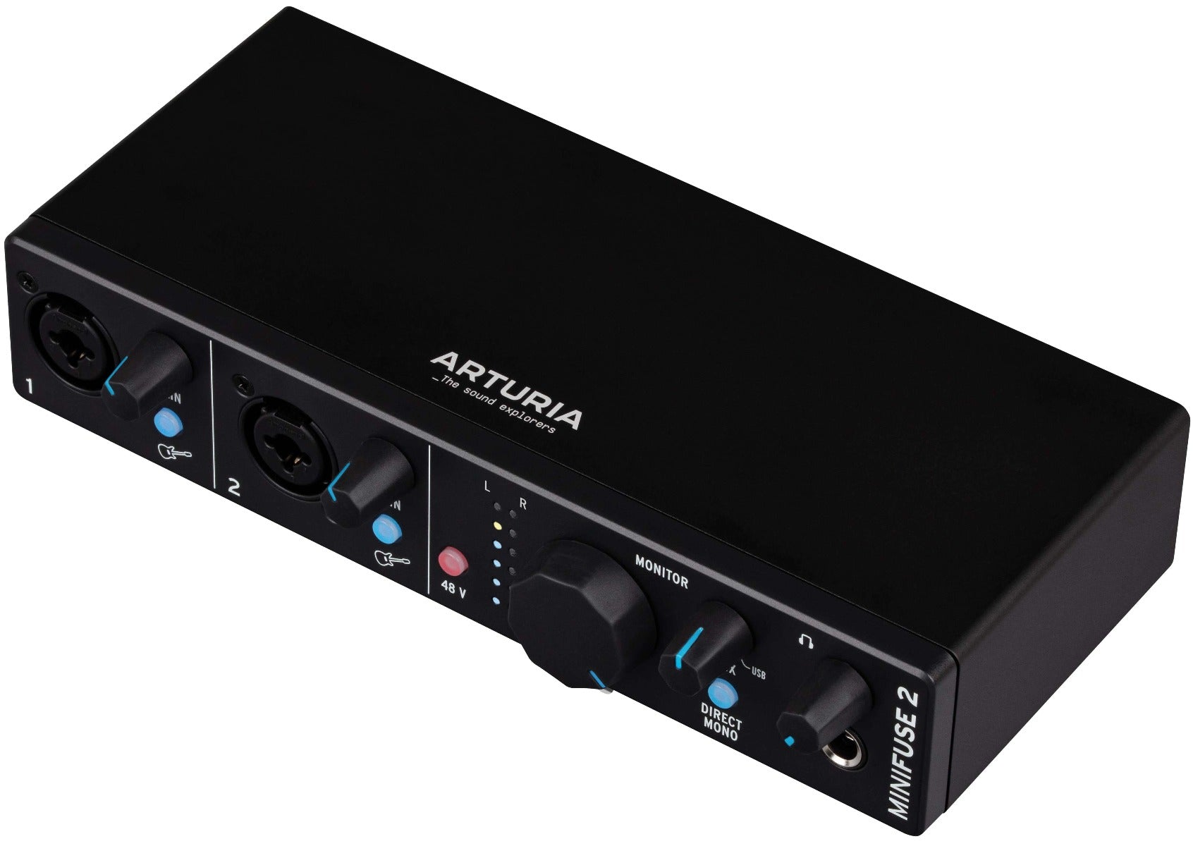 Black Arturia MiniFuse 2 audio interface with front input and output ports, compact design, and professional connectivity.