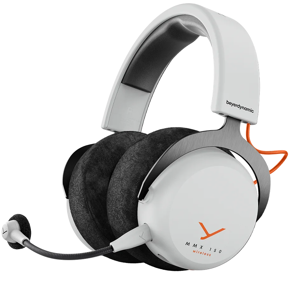 Beyerdynamic MMX 150 Wireless Gaming Headphones in Arctic White with over-ear design and adjustable headband.