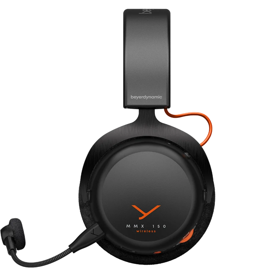 Beyerdynamic MMX 150 Wireless gaming headphones in black, showing the front view with over-ear design and adjustable headband.