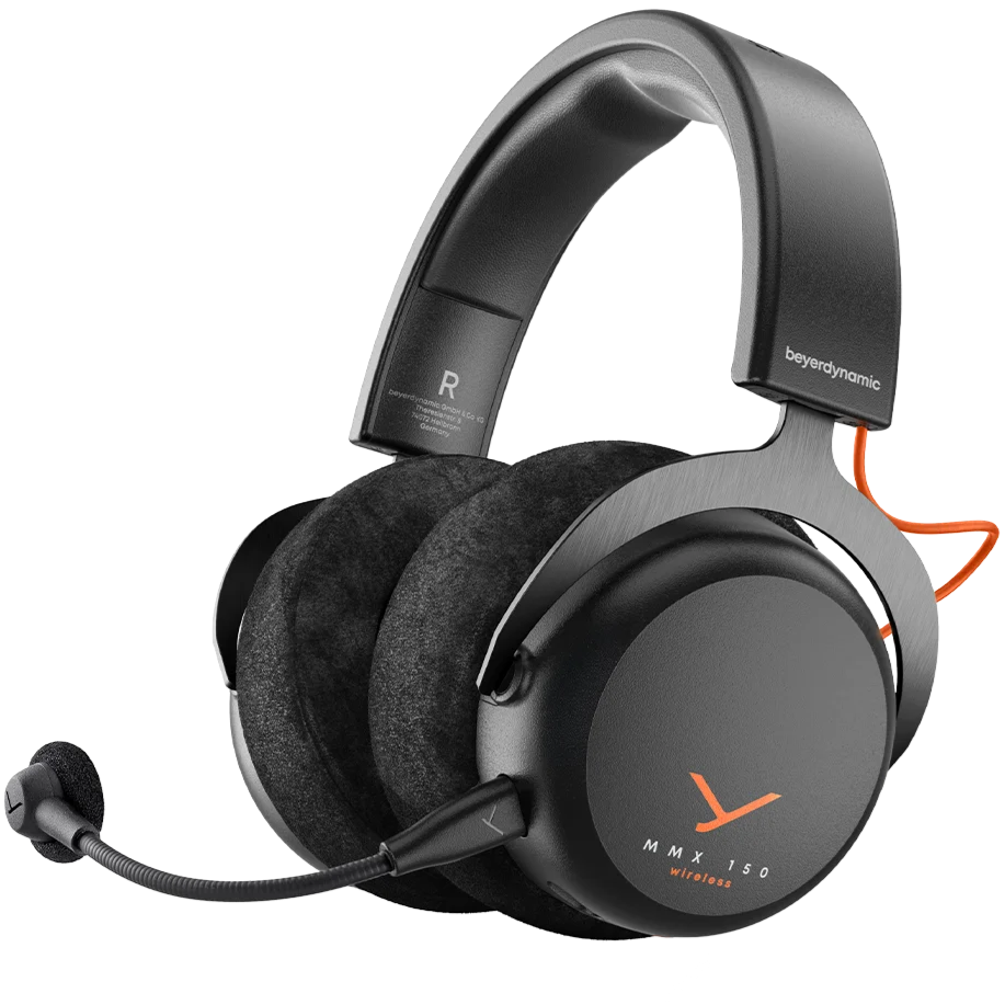 Beyerdynamic MMX 150 Wireless gaming headphones in black with over-ear design and adjustable headband, viewed from the side.