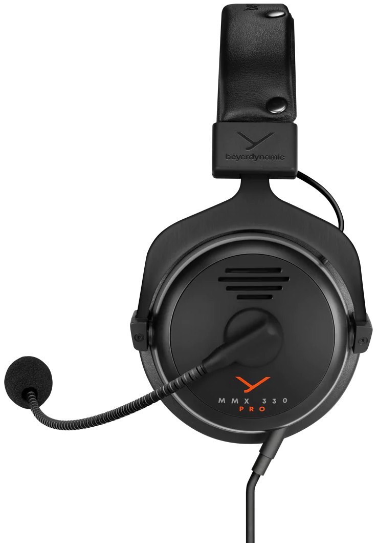 Beyerdynamic MMX 330 Pro gaming headphones with over-ear design and adjustable headband, featuring microphone and plush ear cups.