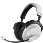 Beyerdynamic MMX 230 Wireless gaming headphones in white, showing over-ear design and adjustable headband from a side perspective.