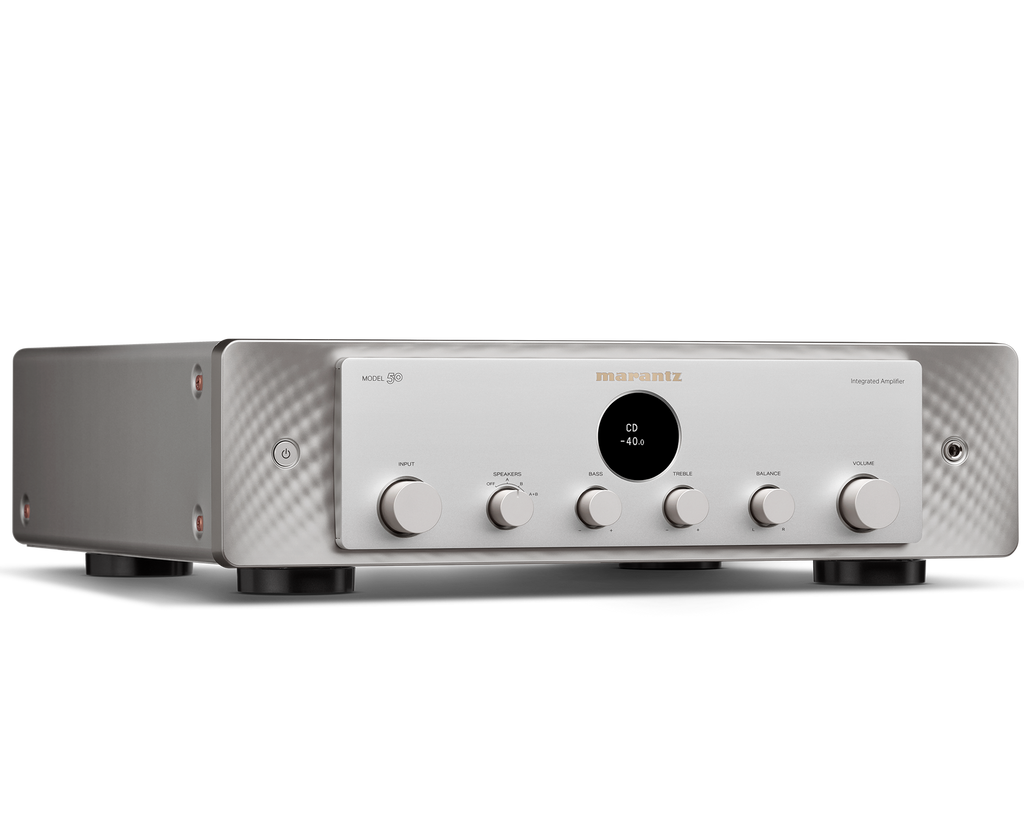 Marantz MODEL 50 stereo amplifier in silver, viewed from a studio angle facing right, showcasing its sleek design and controls.
