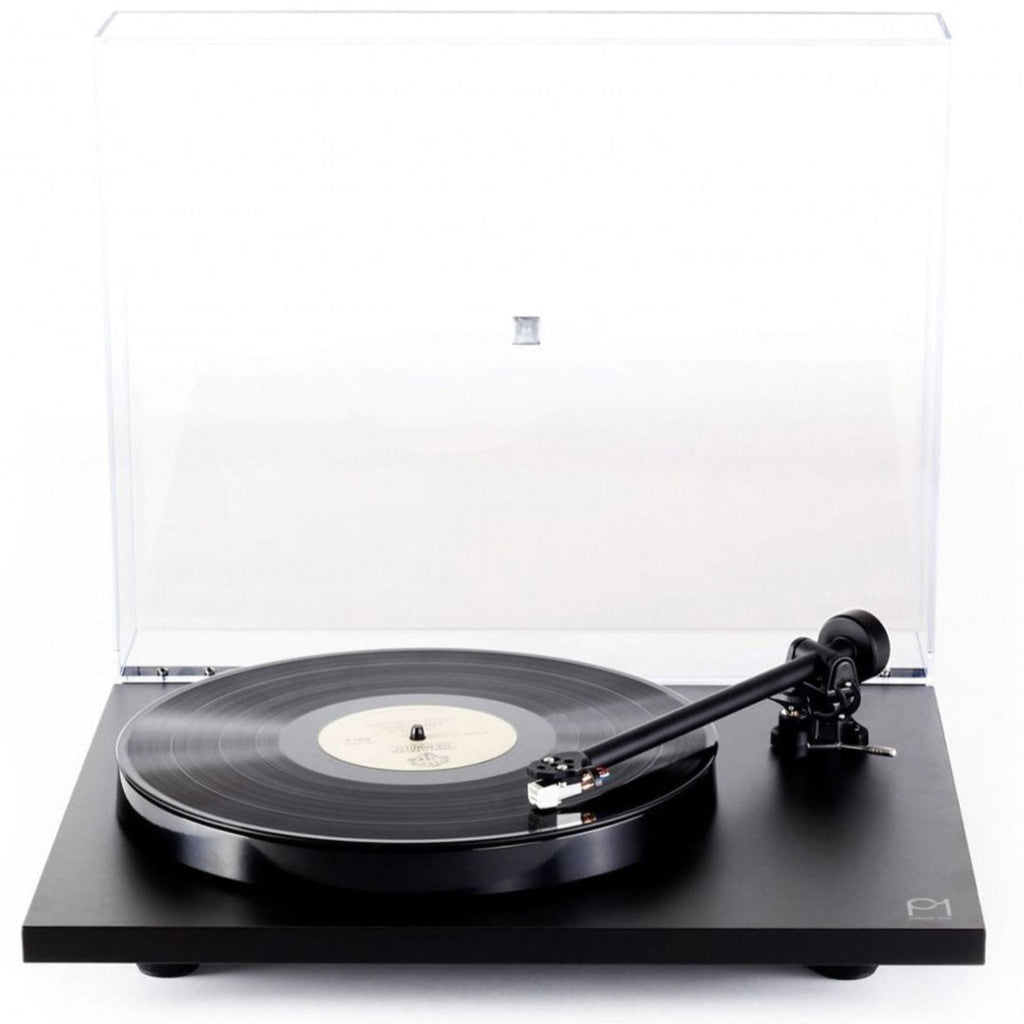 Rega Planar 1 turntable with matte finish, featuring a sleek design and tonearm setup, showcasing high-quality audio equipment.