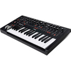 Moog Messenger synthesizer with keyboard and control panel, featuring knobs and switches for electronic music production.
