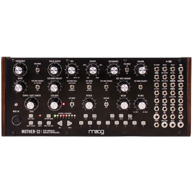 Moog Mother-32 semi-modular synthesizer with knobs, patch points, and wooden side panels for versatile sound creation.
