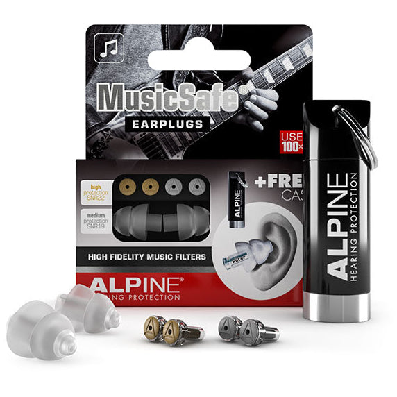 Alpine Music Safe Classic earplugs for hearing protection, shown in a close-up image with their sleek design and brand logo.
