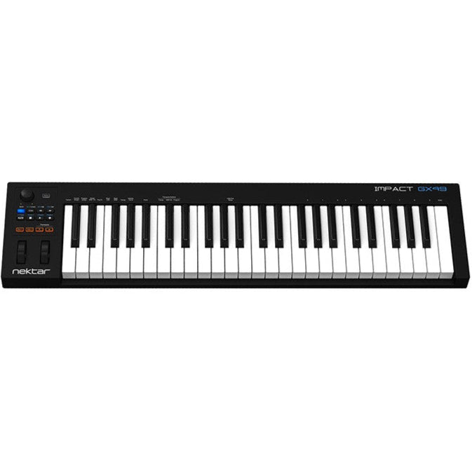 Nektar Impact GX49 midi keyboard with 49 keys, control knobs, and pitch bend wheel on black keyboard in close-up image.