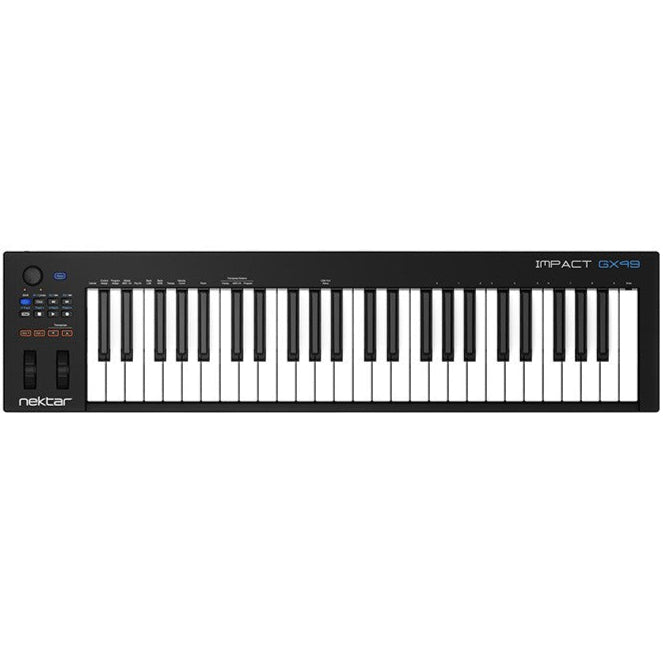 Nektar Impact GX49 midi keyboard with 49 keys, control knobs, and pitch bend wheel, shown on a white background.