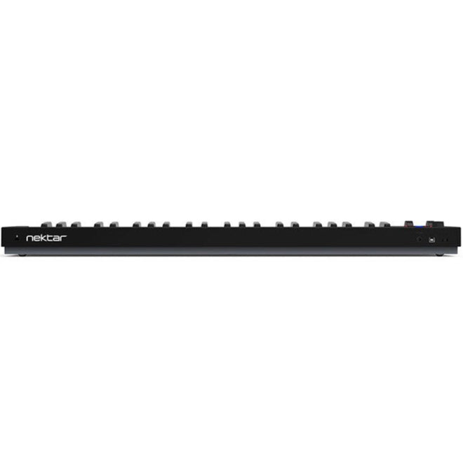 Nektar Impact GX49 midi keyboard with 49 keys, black finish, and control knobs, designed for music production and performance.