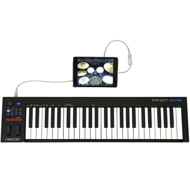Nektar Impact GX49 midi keyboard with 49 keys, pitch bend and modulation wheels, USB connectivity, and control knobs.