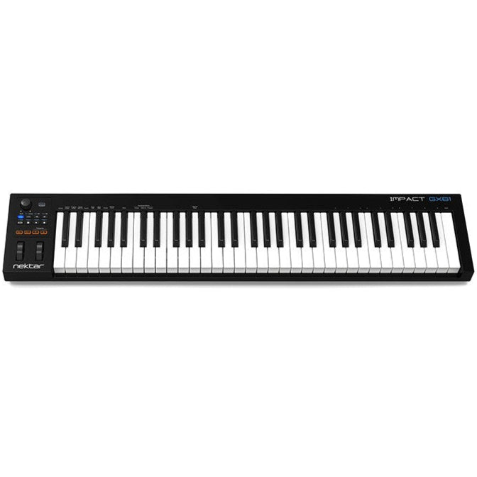 Nektar Impact GX61 midi keyboard with 61 keys, control knobs, and buttons for music production and performance.