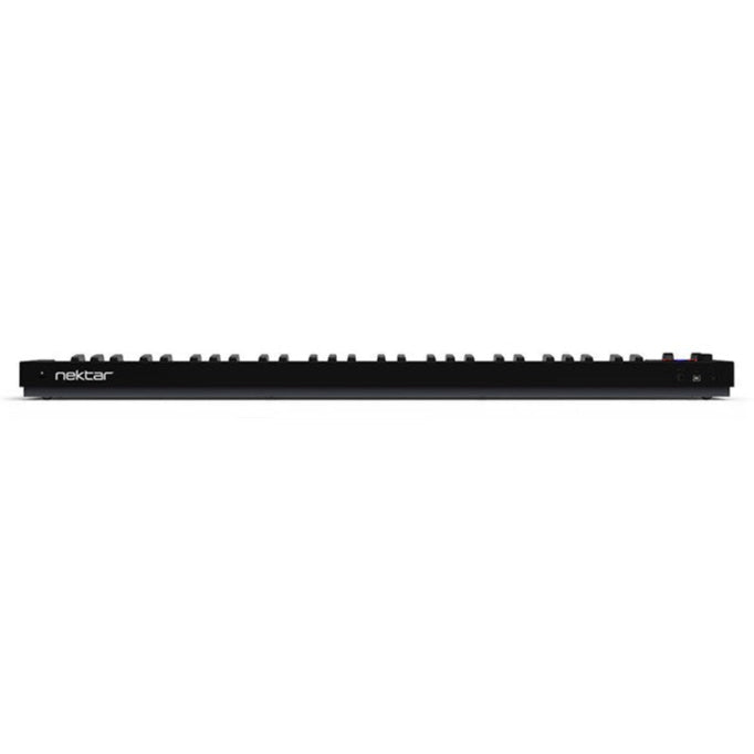 Nektar Impact GX61 midi keyboard with black keys, control knobs, and pitch and modulation wheels on a white background.