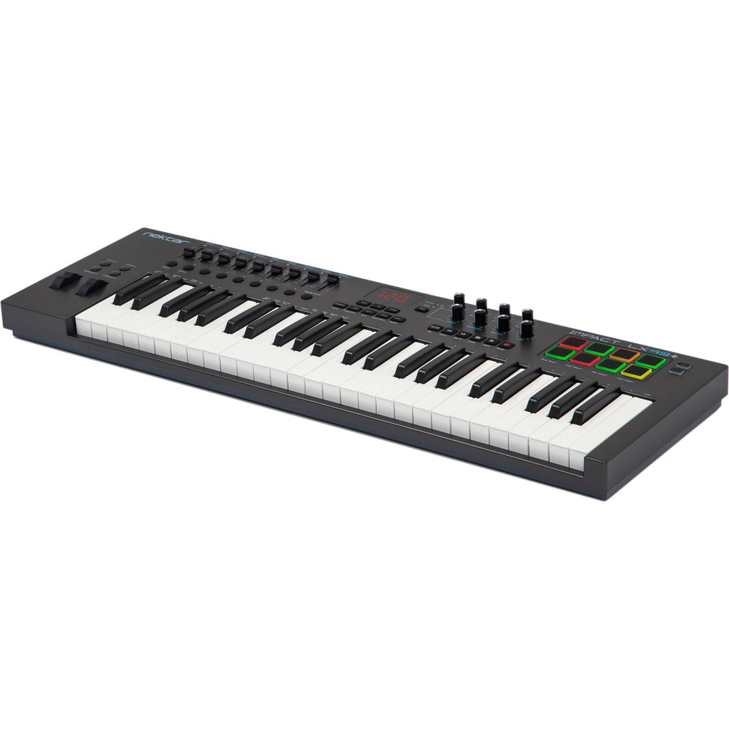 Nektar Impact LX49+ MIDI keyboard with 49 keys, control knobs, and buttons for music production and live performance.