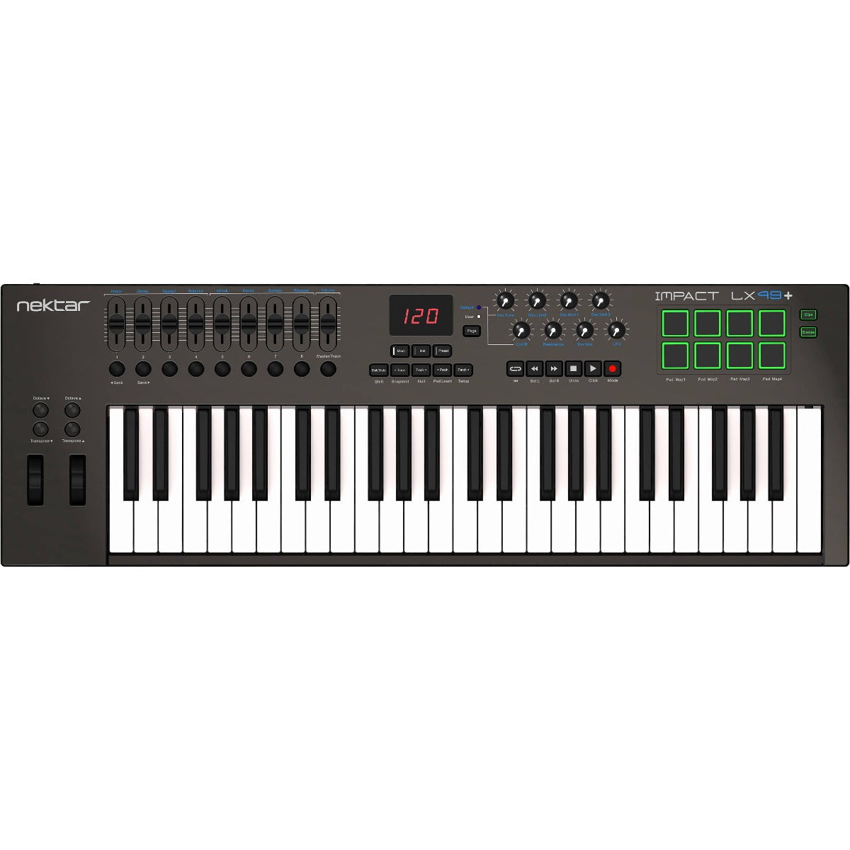 Nektar Impact LX49+ MIDI keyboard with 49 keys, control knobs, and assignable buttons for music production and performance.