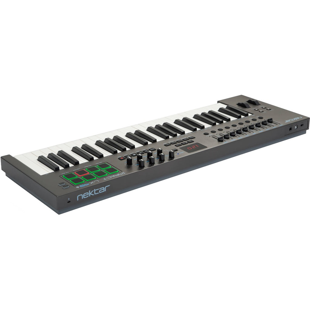 Nektar Impact LX49+ MIDI keyboard with 49 keys, control knobs, and drum pads, designed for music production.