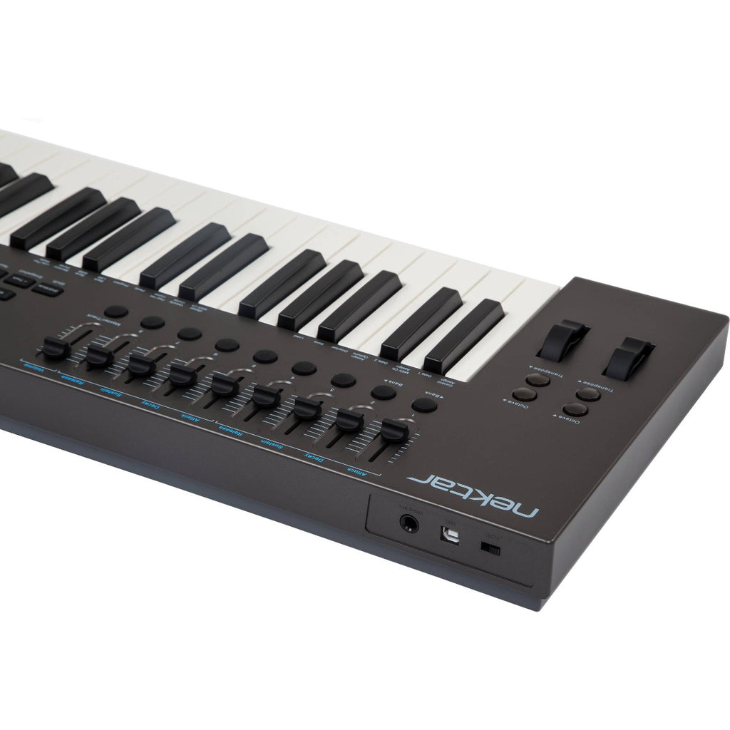 Nektar Impact LX49+ MIDI keyboard with 49 keys, control knobs, and pads for music production and performance.