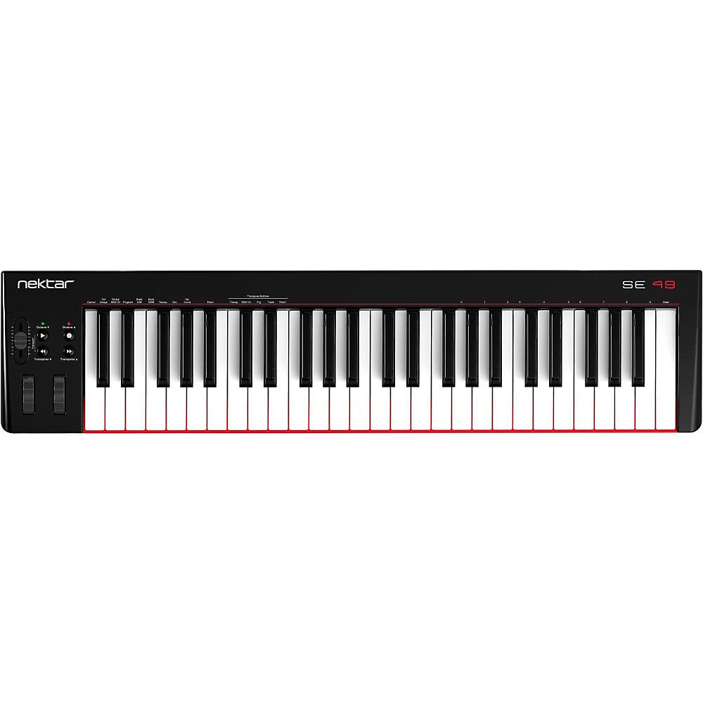 Nektar SE49 MIDI keyboard with 49 keys, black and gray design, showing control knobs and pitch/mod wheels.